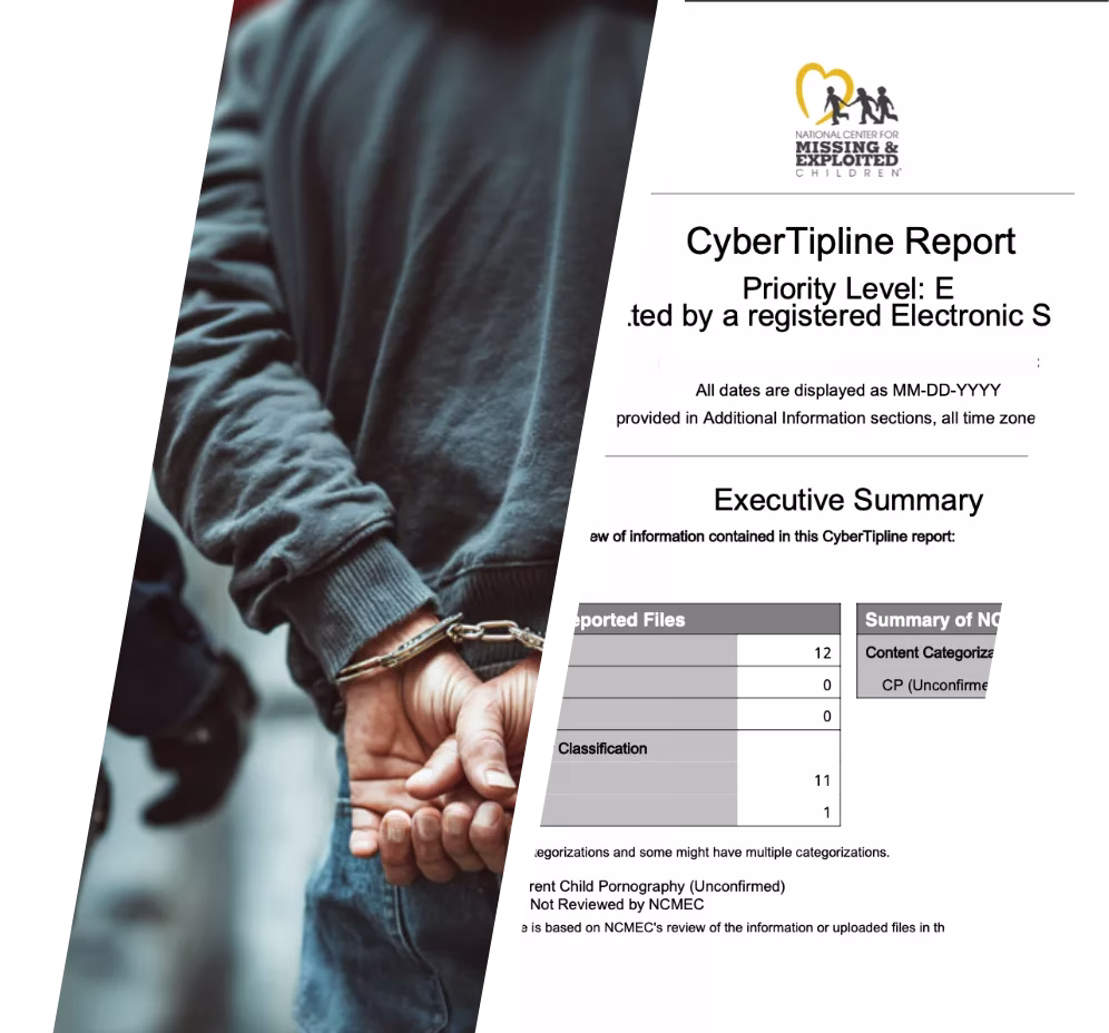 Image showing a man in handcuffs and a NCMEC cybertipline report